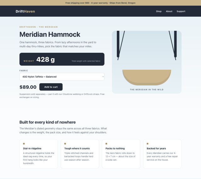 The Meridian hammock with its default fabric selected at 428 grams