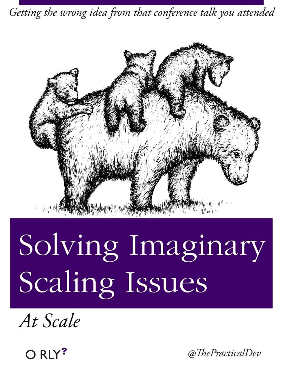 Fake technical book cover titled Imaginary Scaling Issues with a serious animal portrait